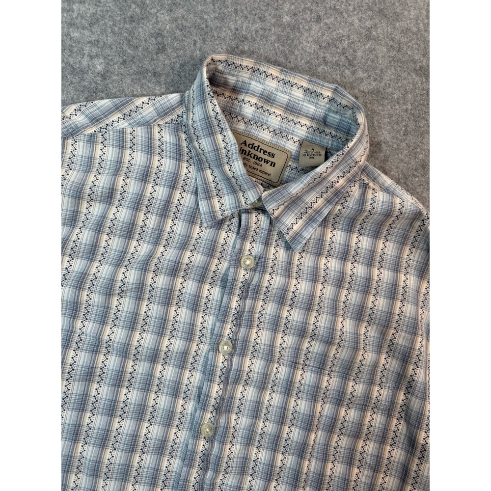 Address Unknown Mens Blue Plaid Embroidered Short Sleeve Button Down Shirt M